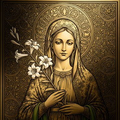 A woman in an ornate gold-toned garment holds lilies, set against a detailed patterned background and halo. The portrait is framed.
