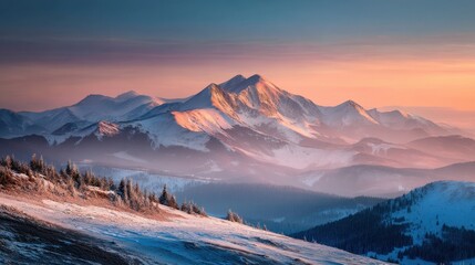 A mountain range with snow-covered peaks and a beautiful sunset in the background. Concept of tranquility and awe at the grandeur of nature