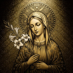 A woman with a halo and floral patterned clothing holds lilies. The image features a golden color palette with intricate decorative details.