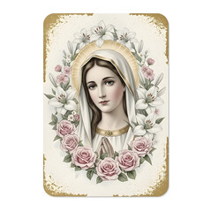 A portrait of a woman wearing a white veil and gold halo, surrounded by flowers. She is depicted with hands clasped in prayer. The image has a vintage style.