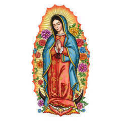 A stylized depiction of the Virgin Mary, hands clasped in prayer, adorned with a blue cloak and surrounded by radiant light and flowers.