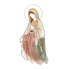 A figure, wearing a head covering and robe, stands with open hands. A golden halo circles the head. Watercolor washes are present.