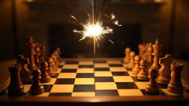 Sparkler burns between chess pieces on game board in dark room
