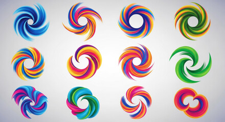 Vibrant collection of colorful swirl designs perfect for branding or logo concepts, offering modern dynamic energy and captivating visual appeal now