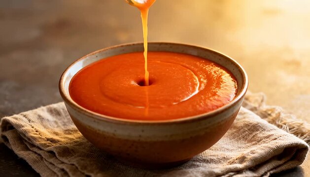 Warming tomato soup poured into a bowl with cream swirl, comfort food preparation soup tomato, pouring, swirl.