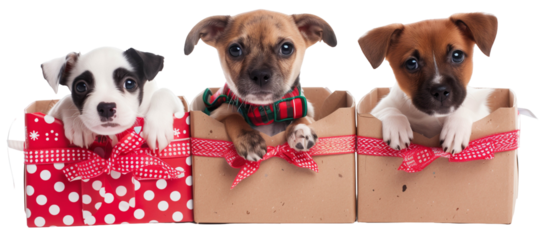 Dogs inside Christmas gift boxes.