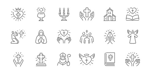 Naklejka premium Christian religion line icon set. Faith concept. Holy bible book, spirituality, worship, prayer, church symbols