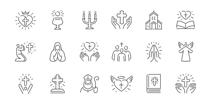 Christian religion line icon set. Faith concept. Holy bible book, spirituality, worship, prayer, church symbols