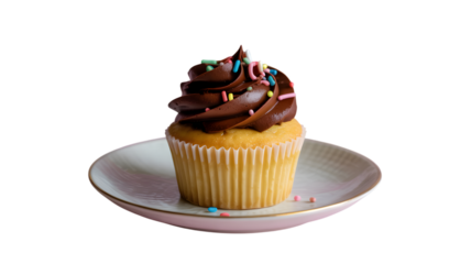 Delicious cupcake with chocolate frosting and colorful sprinkles on a pink plate