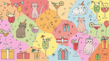 Cute cartoon cats celebrating a birthday party with cocktails and gifts.