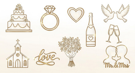 Elegant golden wedding icons for invitations and decor, celebrate love with cake, rings, and champagne for joyful moments and everlasting memories