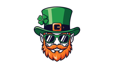 Leprechaun Face Wearing Sunglasses and Hat with Shamrock, St