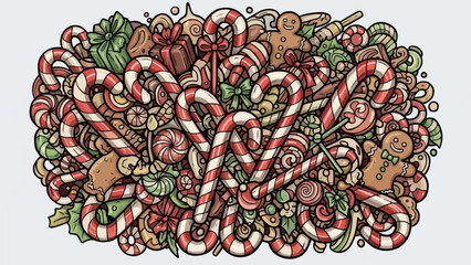 Festive Christmas Candy Cane and Gingerbread Cookie Doodle Illustration.