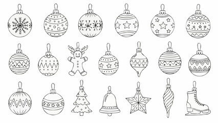 Hand-drawn Christmas Ornaments Collection Festive Holiday Decorations Sketch Style.