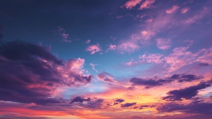 A beautiful sunset with a pink and purple sky. The sky is filled with clouds and the sun is setting
