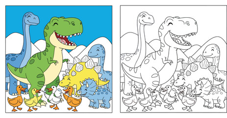 Happy cartoon dinosaurs group including T-Rex, Triceratops, Stegosaurus and Brachiosaurus posing with cute little ducks, funny friends vector illustration for kids
