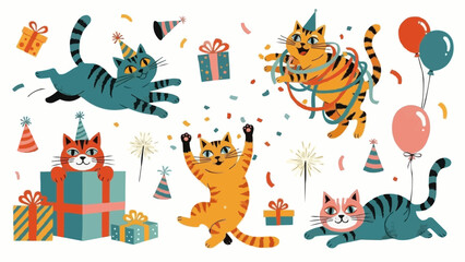 Cute cats celebrating a birthday party with gifts and balloons.