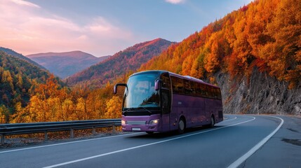 Fototapeta premium A purple bus is driving down a road with a beautiful fall landscape in the background. Scene is peaceful and serene, as the bus travels through the scenic countryside