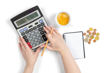 Female hands counting euro coins with calculator and notepad, concept of money calculation, household budget planning and accounting, isolated object on transparent background, PNG.