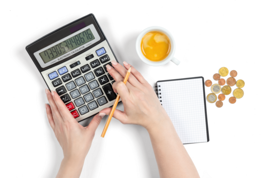 Female hands counting euro coins with calculator and notepad, concept of money calculation, household budget planning and accounting, isolated object on transparent background, PNG.