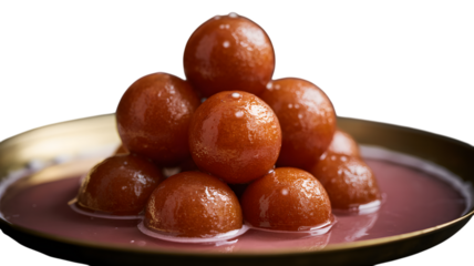 Gulab jamun dessert balls stacked on a plate in syrup against