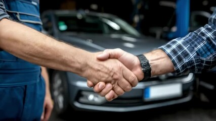 Handshake between a mechanic in blue overalls and a customer at a car workshop, car in background...