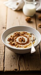 A Warm Bowl of Creamy Porridge with Walnuts on a Rustic Wooden Table.