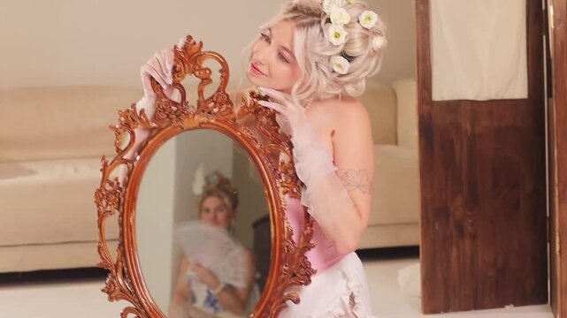 18th Century Blonde Woman Looking in a Mirror Held by Her Friend