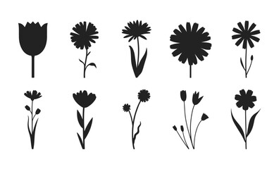 A collection of diverse black flower silhouettes is presented in a minimalist style against a clean white background