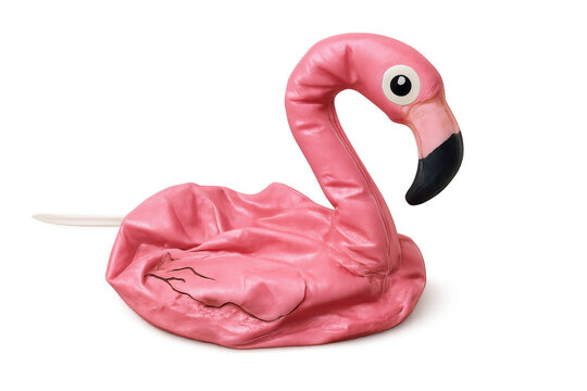 Deflated pink inflatable flamingo pool float lying abandoned, showing end of summer holiday concept on transparent background