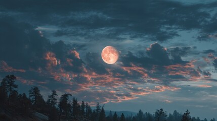 A large red moon is shining brightly in the sky above a forest. The sky is cloudy and the moon is the only source of light in the scene