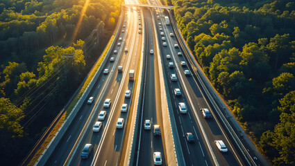 Highway aerial view forest curved road traffic cars lanes bridge greenery power lines sunlight evening landscape nature generative AI