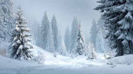 Snow blankets the ground and tall pine trees in a quiet forest creating a peaceful winter scene. Soft snowflakes fall gently in the chilly air enhancing the tranquil atmosphere.