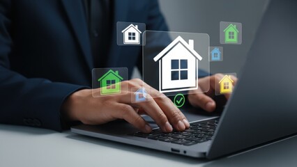 Real estate professional exploring home listings online with digital house icons hovering above laptop keyboard modern technology