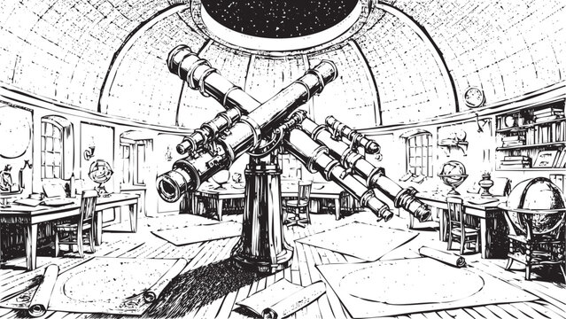 Vintage astronomical observatory interior featuring a large refracting telescope under a dome