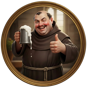 Cheerful monk holding a frothy beer mug and giving a thumbs-up inside a vintage round frame.