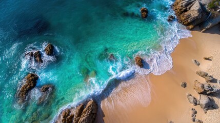 A beautiful ocean view with a rocky shoreline. The water is calm and the rocks are scattered along the shore