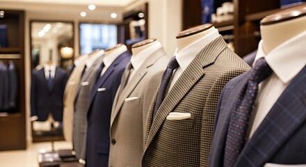Elegant display of tailored suits in various colors and patterns, showcasing fine craftsmanship and luxurious fabrics in a modern clothing store interior with stylish ambiance and lighting
