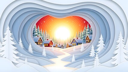 Paper cut style winter landscape with a cozy village nestled in snowy hills under a bright sunset or sunrise sky