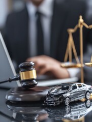 Car Accident Liability Insurance Lawyer Working on Laptop Alongside Gavel and Scale in Office Setting Representing Legal Services