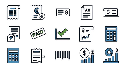 Streamline your finances with this accounting icon set, featuring invoices, charts, taxes, and calculators for modern business applications