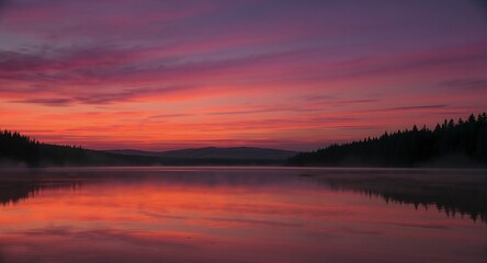 Fototapeta premium Dramatic Sunset or Sunrise over a Misty Forest Lake with Vibrant Reflection
