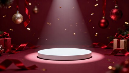 Elegant White Pedestal Stage with Festive Christmas Decorations, Gold Confetti, Gift Boxes, and Red Ribbons on a Rich Red Background for Product Display.