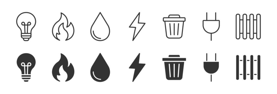 Household Utilities Icon Set, Home Energy and Resource Symbols, Electricity, Water, Heating, Waste Management and Power Supply concept icon, vector illustration.
