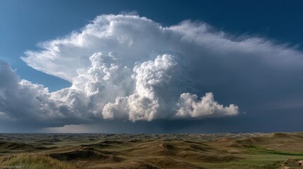 Fototapeta premium A stunning display of towering clouds fills the sky above vast grassy plains during the early evening. The sun casts soft light on the clouds creating a dynamic atmosphere.