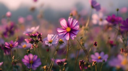 A field of purple flowers with a single pink flower in the foreground. The flowers are in full bloom and the sun is shining on them, creating a warm and inviting atmosphere
