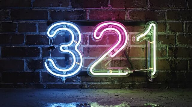 Neon numbers 321 countdown with sparks and reflections