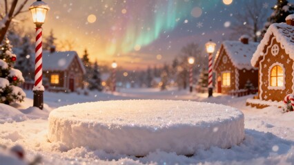 Empty snow podium in a magical Christmas village with shimmering aurora borealis, festive lights, and falling snowflakes for product display.