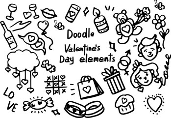 A playful black-and-white doodle collection of Valentine&rsquo;s Day elements &mdash; hearts, couples, gifts, and wine &mdash; perfect for cards or designs. Sweet, romantic, and full of charming details like teddy bear