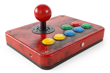 Vintage Arcade Game Controller with Colorful Buttons, Multilayer Design, Custom Button Layout, Unique Gaming Hardware for Retro Game Enthusiasts and Collectors On Transparent Background.